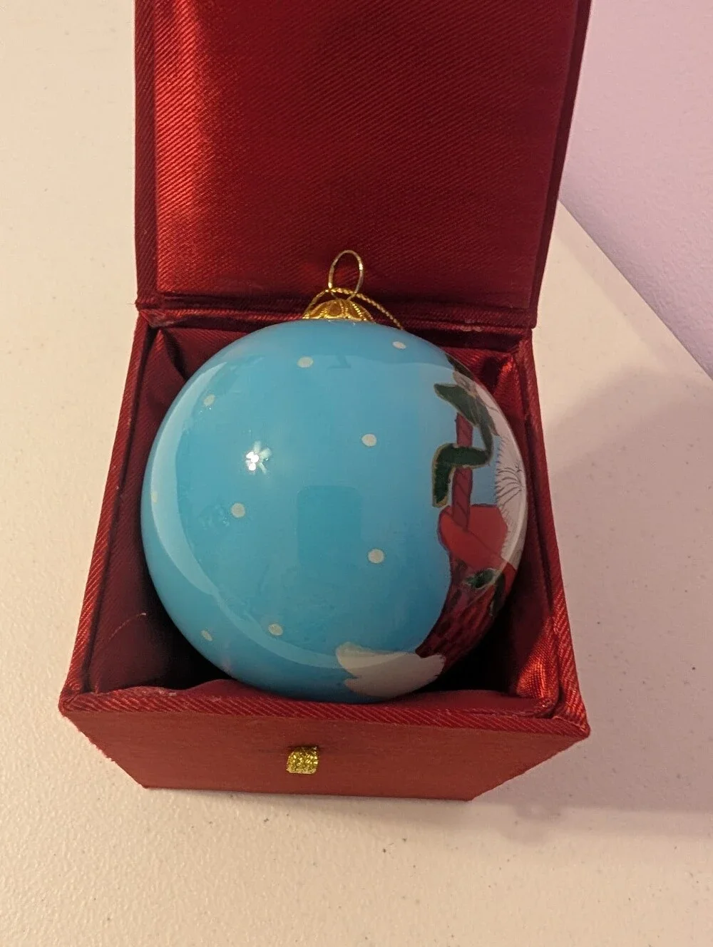 Artline Inside Art Christmas Cat Basket Reverse Painted Glass Ornament Vintage
